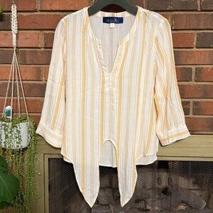 #9)  Blue Rain Orange and White Striped Blouse. Measurements posted.